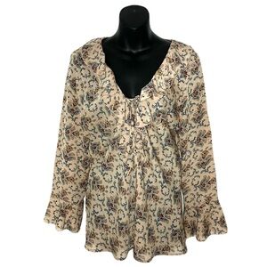 Chic Cream and Teal Floral Ruffles and Front Tie Blouse